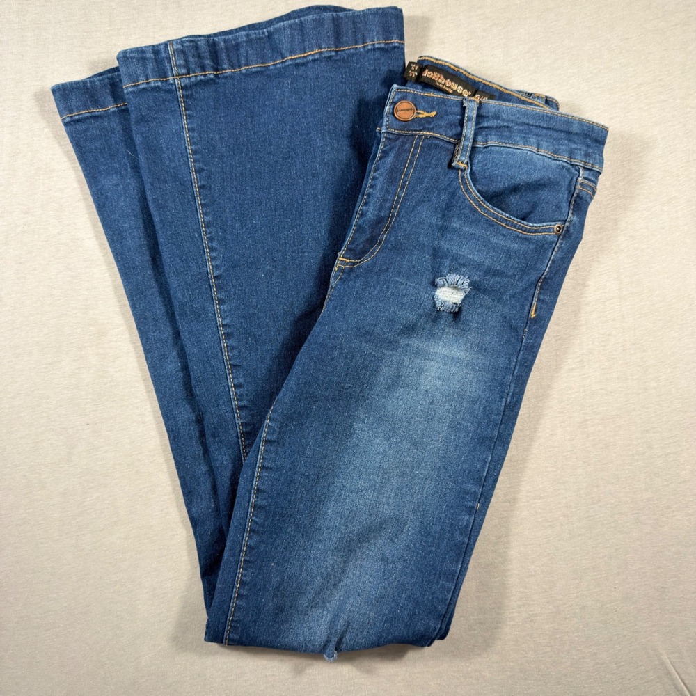 Dollhouse‎ Flare Leg Jeans Medium Wash Distressed Denim Blue XM-2301B0 Size 5/6